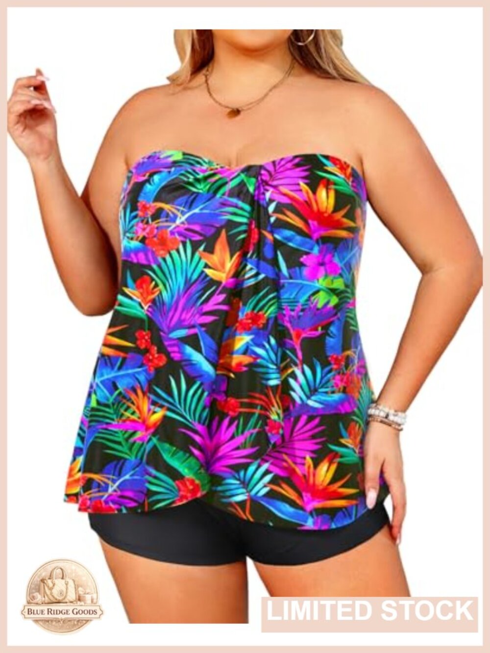 Plus Size Bandeau Tankini 2 Piece Halter Swimsuit with Shorts